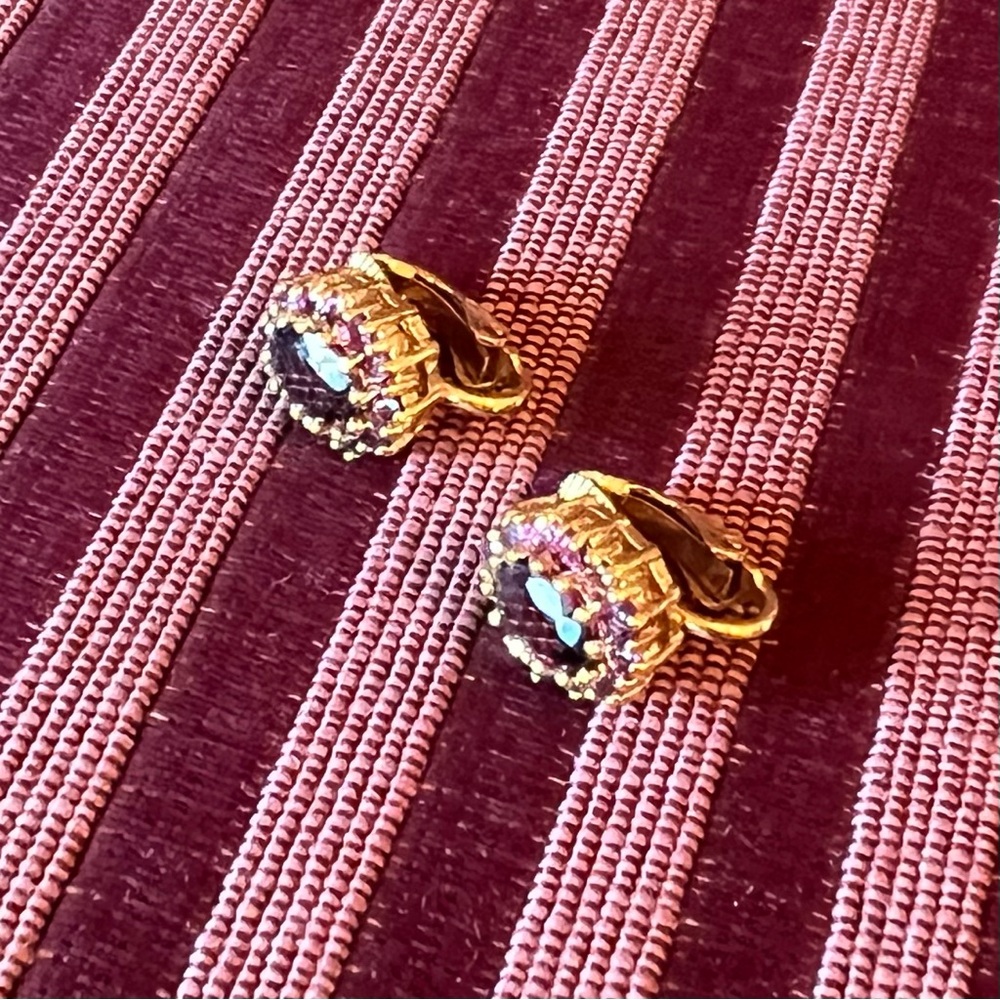 Small, vintage gold and purple clip sparkly earrings